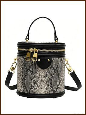 Faux Leather Canvas Cylinder Bucket Bag Crossbody Shoulder Handbag